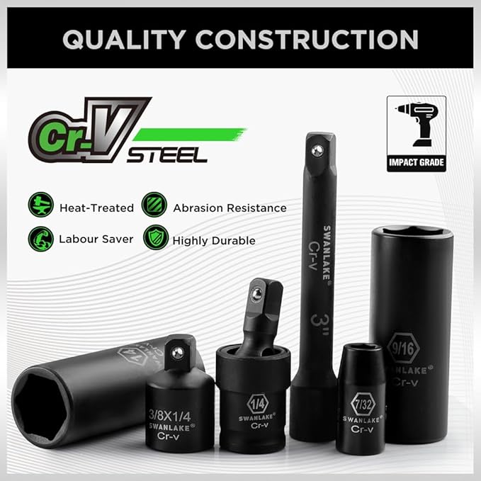 SWANLAKE 1/4 Drive Impact Socket Set, 56-Piece Standard SAE (5/32 to 9/16 inch) and Metric (4-15mm) Size, 6 Point, Cr-V, 1/4-Inch Drive Ratchet Handle, Drive Extension Bar, Impact Universal Joint