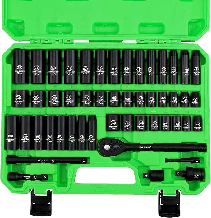 SWANLAKE 3/8 Drive Impact Socket Set, 50-Piece Standard SAE (5/16 to 3/4 inch) and Metric (8-22mm) Size, 6 Point, Cr-V, 3/8-Inch Ratchet Handle, Extension Bar, Universal Joint