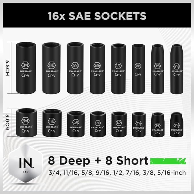 SWANLAKE 3/8 Drive Impact Socket Set, 50-Piece Standard SAE (5/16 to 3/4 inch) and Metric (8-22mm) Size, 6 Point, Cr-V, 3/8-Inch Ratchet Handle, Extension Bar, Universal Joint