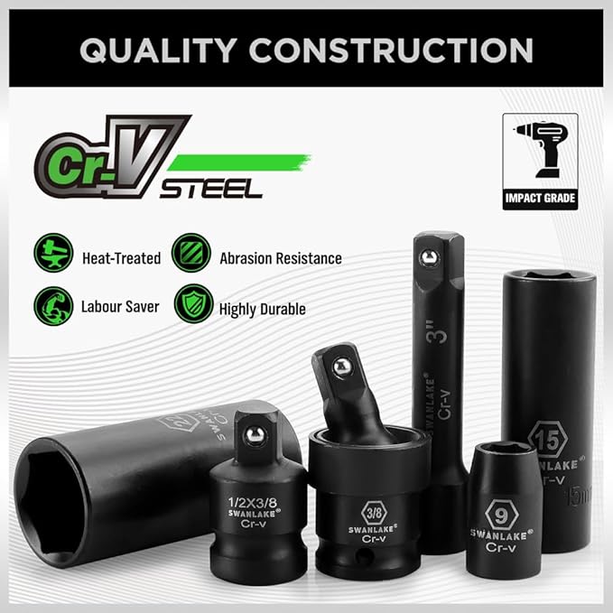 SWANLAKE 3/8 Drive Impact Socket Set, 50-Piece Standard SAE (5/16 to 3/4 inch) and Metric (8-22mm) Size, 6 Point, Cr-V, 3/8-Inch Ratchet Handle, Extension Bar, Universal Joint