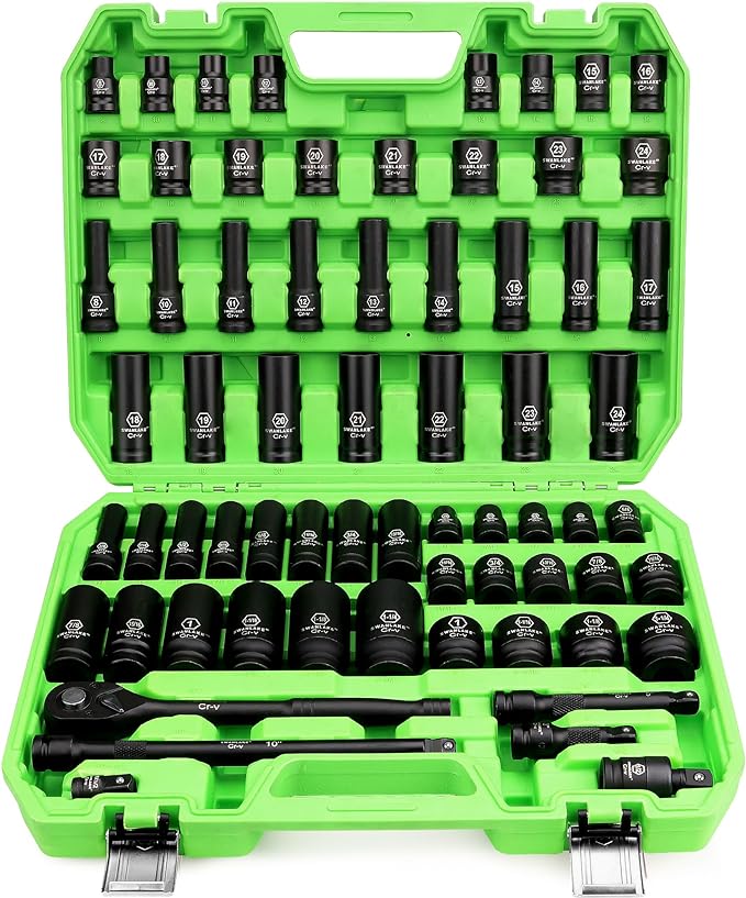 SWANLAKE 1/2 Drive Impact Socket Set, 66-Piece Standard SAE (3/8-1-1/4) and Metric (8-24mm) Size, 6 Point, Cr-V, 1/2-Inch Drive Ratchet Handle, Drive Extension Bar, Impact Universal Joint