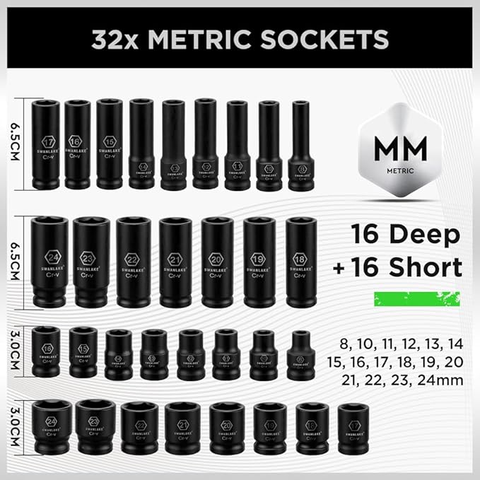 SWANLAKE 1/2 Drive Impact Socket Set, 66-Piece Standard SAE (3/8-1-1/4) and Metric (8-24mm) Size, 6 Point, Cr-V, 1/2-Inch Drive Ratchet Handle, Drive Extension Bar, Impact Universal Joint