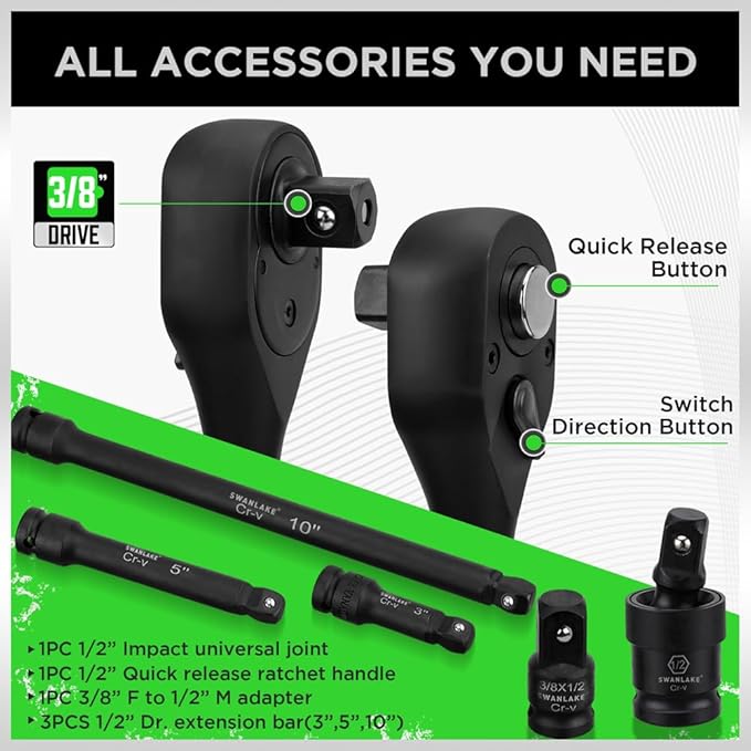 SWANLAKE 1/2 Drive Impact Socket Set, 66-Piece Standard SAE (3/8-1-1/4) and Metric (8-24mm) Size, 6 Point, Cr-V, 1/2-Inch Drive Ratchet Handle, Drive Extension Bar, Impact Universal Joint