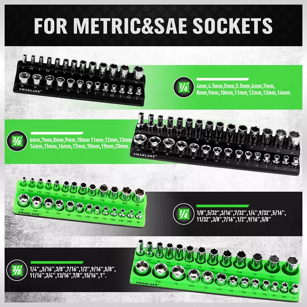 SWANLAKE 4Pc Magnetic Socket Organizer Tray 3/8 1/4 SAE Metric Socket Holder
