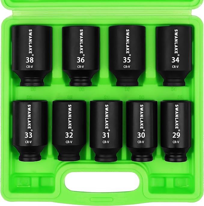 SWANLAKE 9-Piece 1/2 Drive Jumbo Impact Socket Set, Metric 29mm-38mm Large Socksts Spindle Axle Nut Impact Socket, CR-V Black