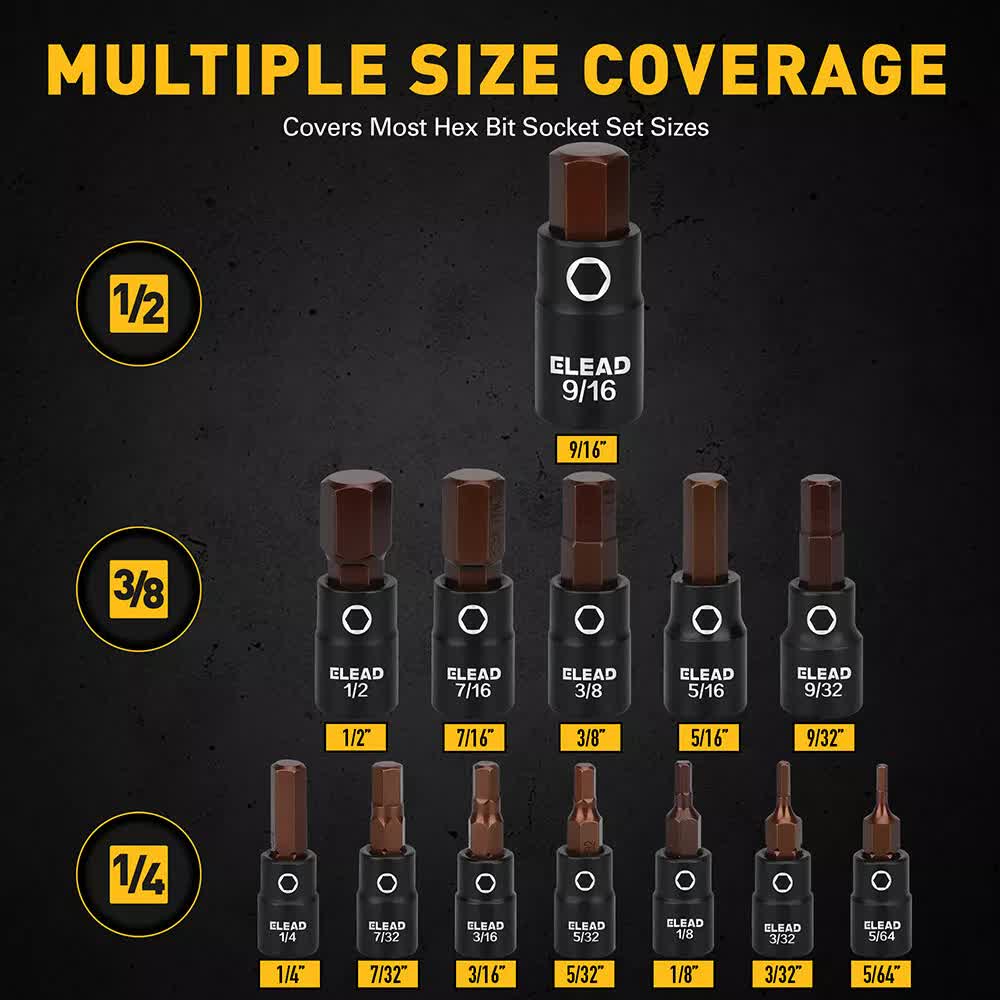 16Pc SAE Hex Bit Impact Socket Set 5/64-9/16 Allen Socket Set Socket Adapter