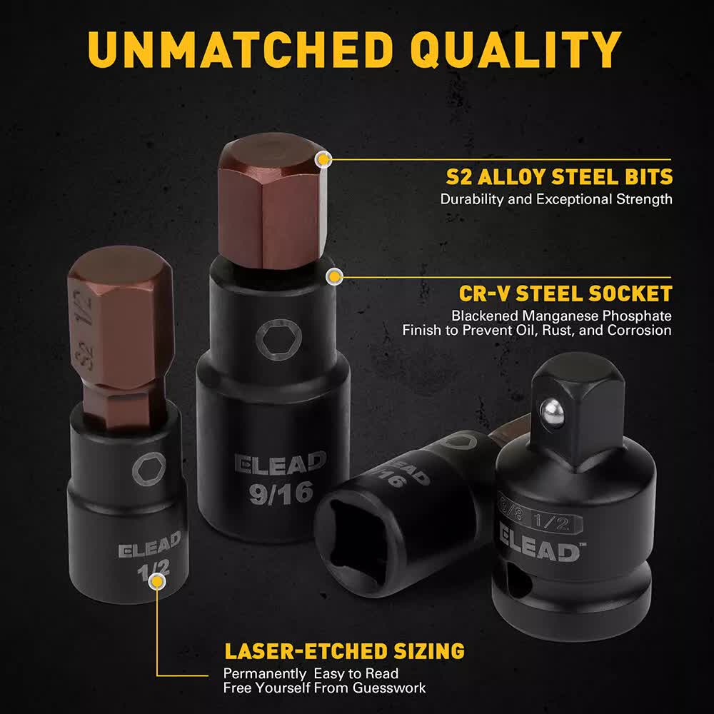 16Pc SAE Hex Bit Impact Socket Set 5/64-9/16 Allen Socket Set Socket Adapter
