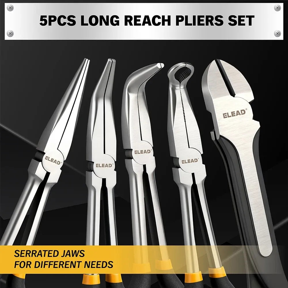 ELEAD 5Pcs 11" Long Reach Needle Nose Pliers Set w/ Magnetic Racks&Roll-Up Pouch