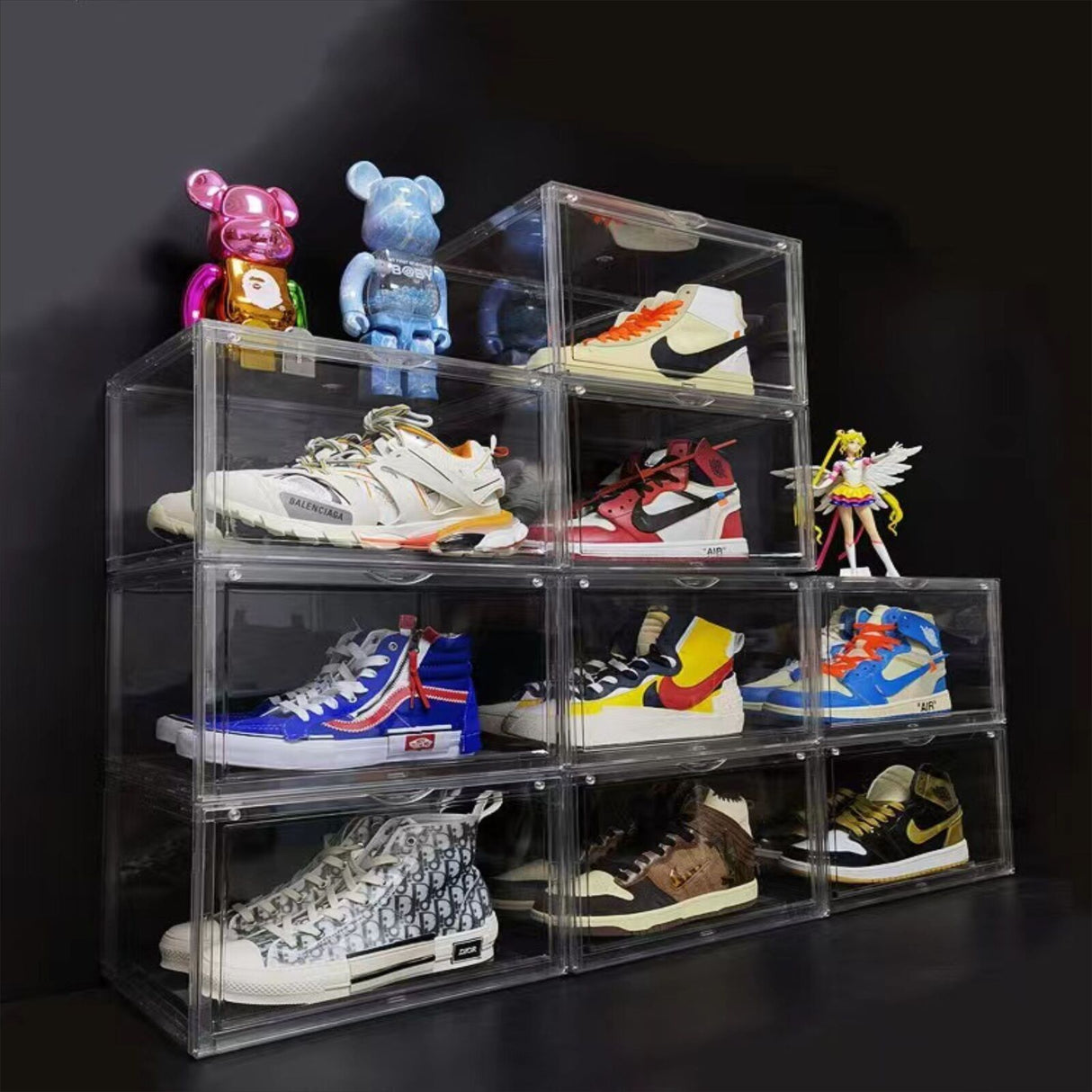 5PC Black Stackable Shoe Display Box Hard Acrylic Sneaker Storage Containers Case