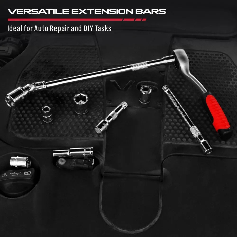 SEDY 4Pcs 3/8" Drive Socket Extension Bar Kit w/ Swivel Joint CR-V Ratchet Auto