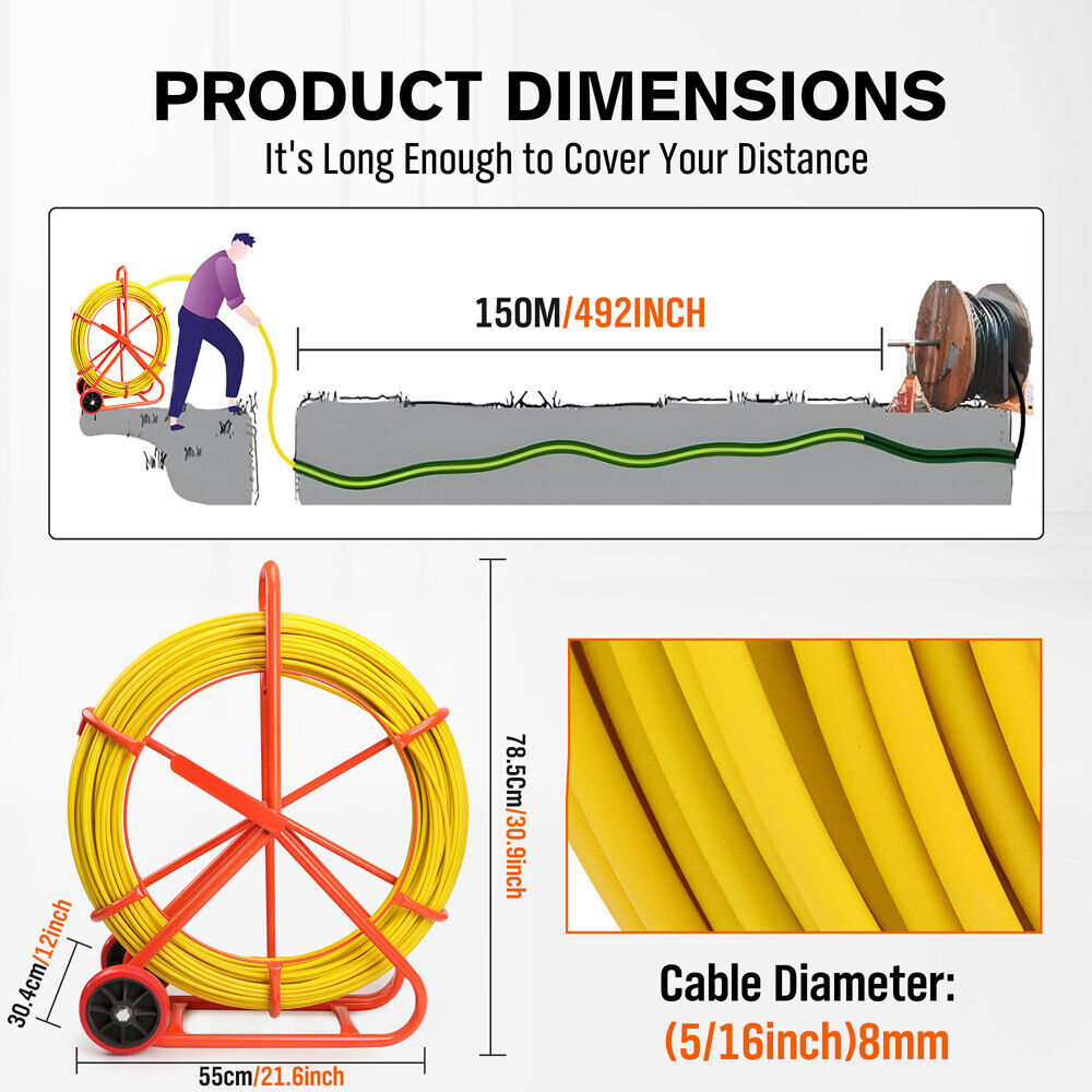 150M?8MM Fish Tape Puller Fiberglass Wire Cable Running Duct Rodder Heavy Duty