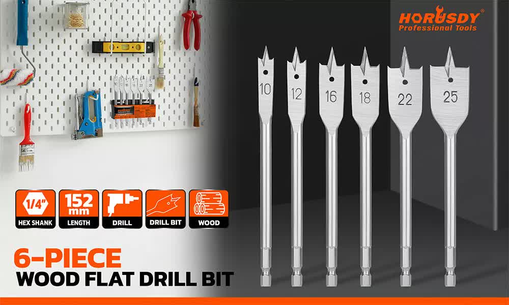 6-Pieces Flat Wood Boring Spade Drill Bit Set Drillbits 10-25mm Bits 1/4 Shank