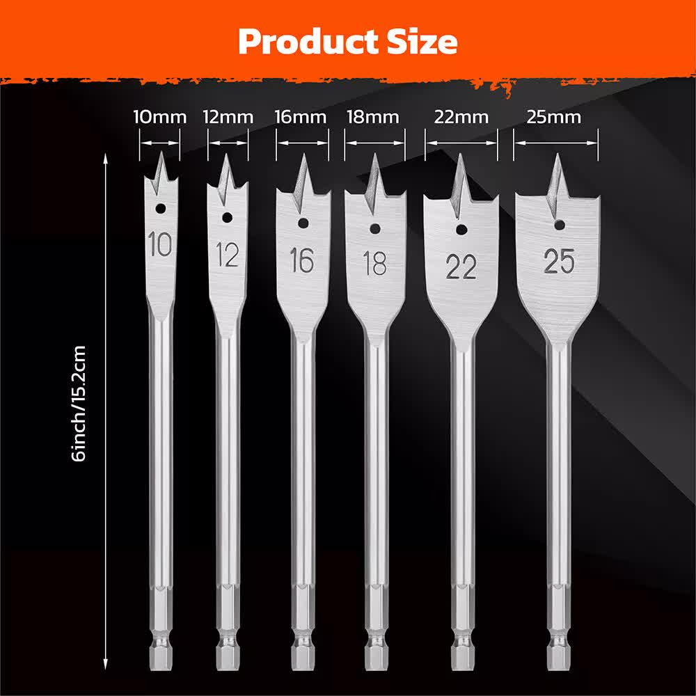 6-Pieces Flat Wood Boring Spade Drill Bit Set Drillbits 10-25mm Bits 1/4 Shank
