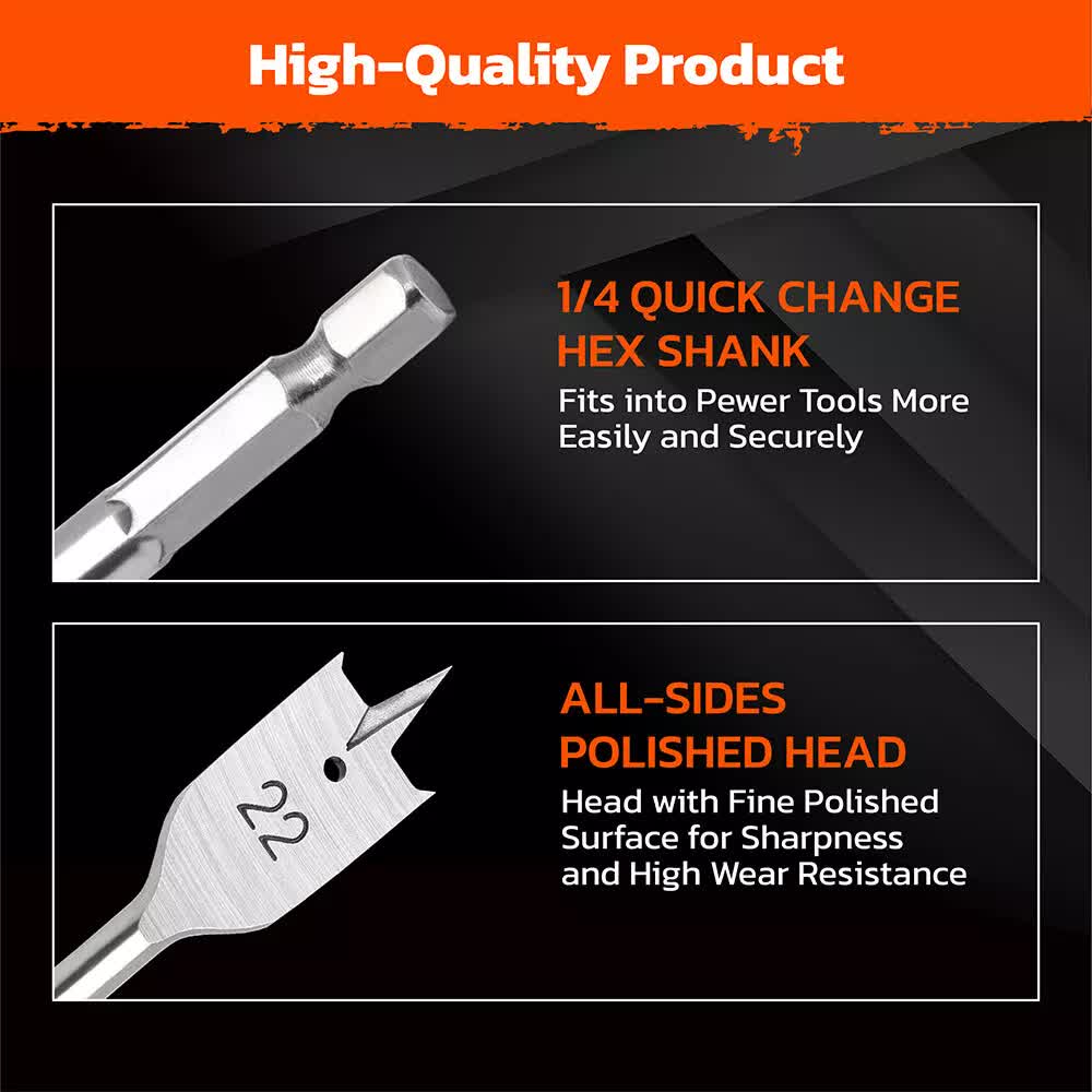 6-Pieces Flat Wood Boring Spade Drill Bit Set Drillbits 10-25mm Bits 1/4 Shank