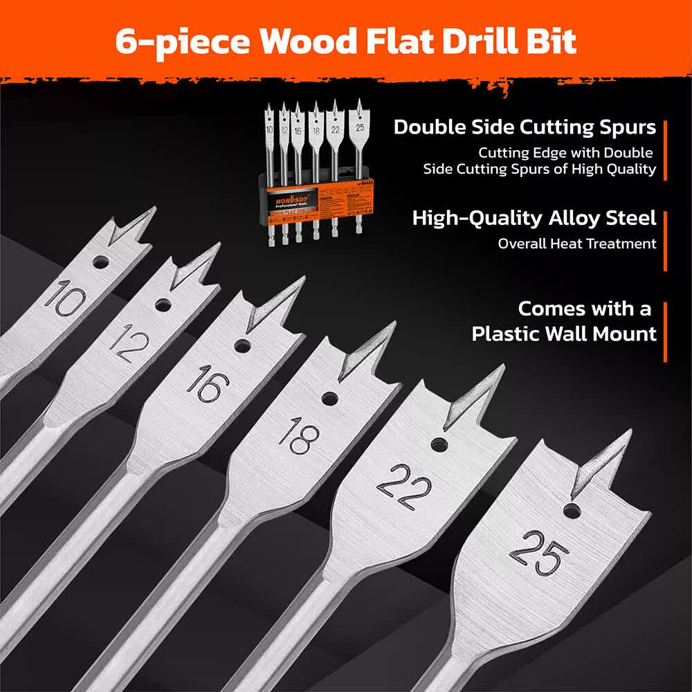 6-Pieces Flat Wood Boring Spade Drill Bit Set Drillbits 10-25mm Bits 1/4 Shank