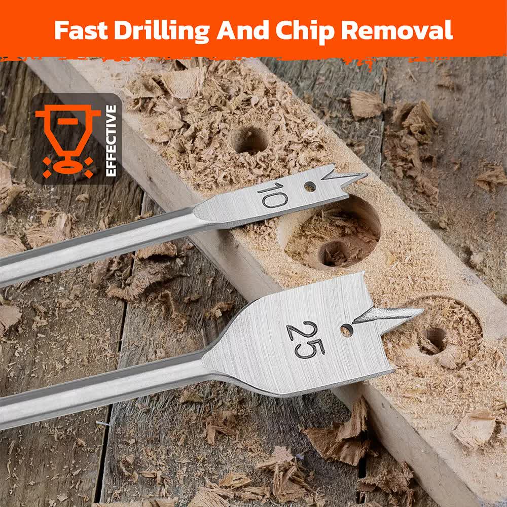 6-Pieces Flat Wood Boring Spade Drill Bit Set Drillbits 10-25mm Bits 1/4 Shank