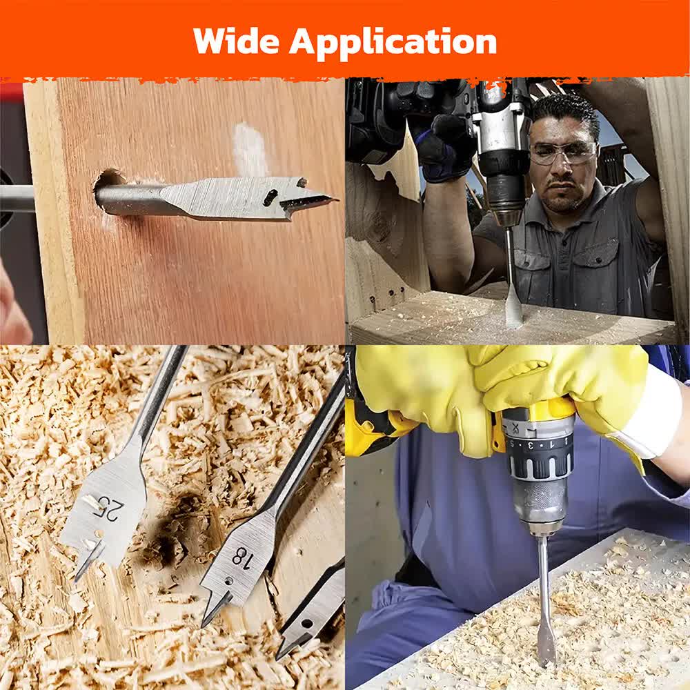 6-Pieces Flat Wood Boring Spade Drill Bit Set Drillbits 10-25mm Bits 1/4 Shank