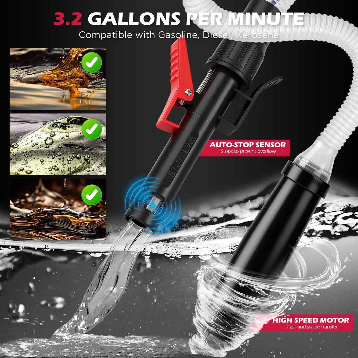 SEDY 3.2 GPM Automatic Shut Off Fuel Transfer Pump Battery Powered Diesel Pump