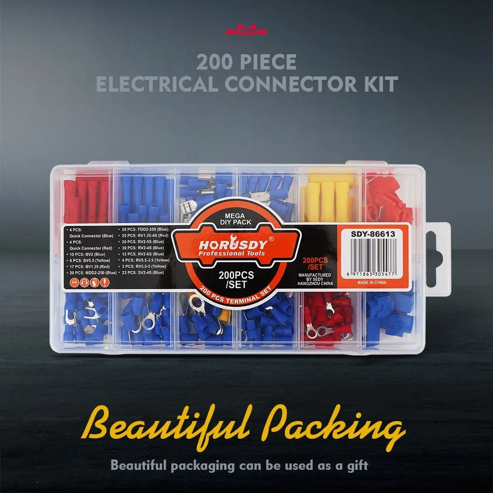 HORUSDY 200PCS Crimp Terminals Wire Connector Kit Spade Ring Butt for Car Wiring