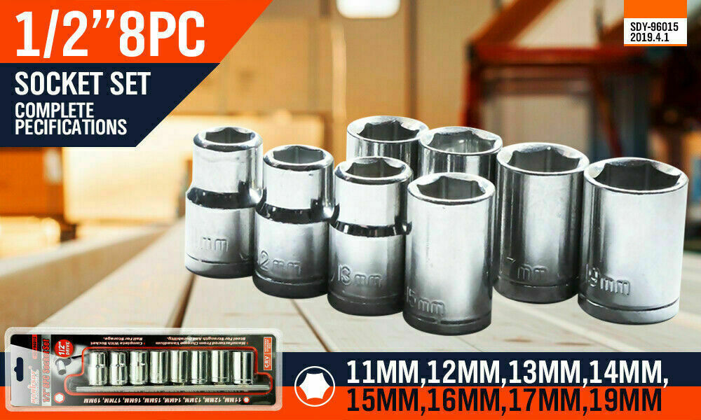8Pc Metric Socket Set 1/2 Drive 11MM - 19MM For Wrench CRV Mechanic With Holder