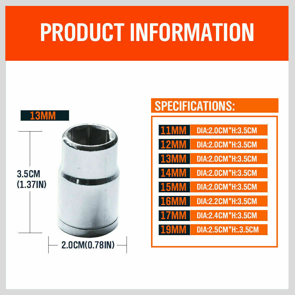 8Pc Metric Socket Set 1/2 Drive 11MM - 19MM For Wrench CRV Mechanic With Holder