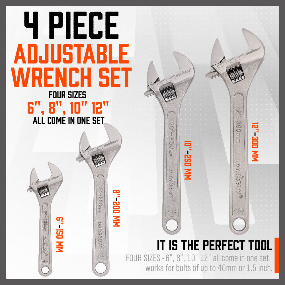 4Pc Adjustable Wrench Set Heavy Duty Shifter Spanner Wide Open Jaw 6/8/10/12