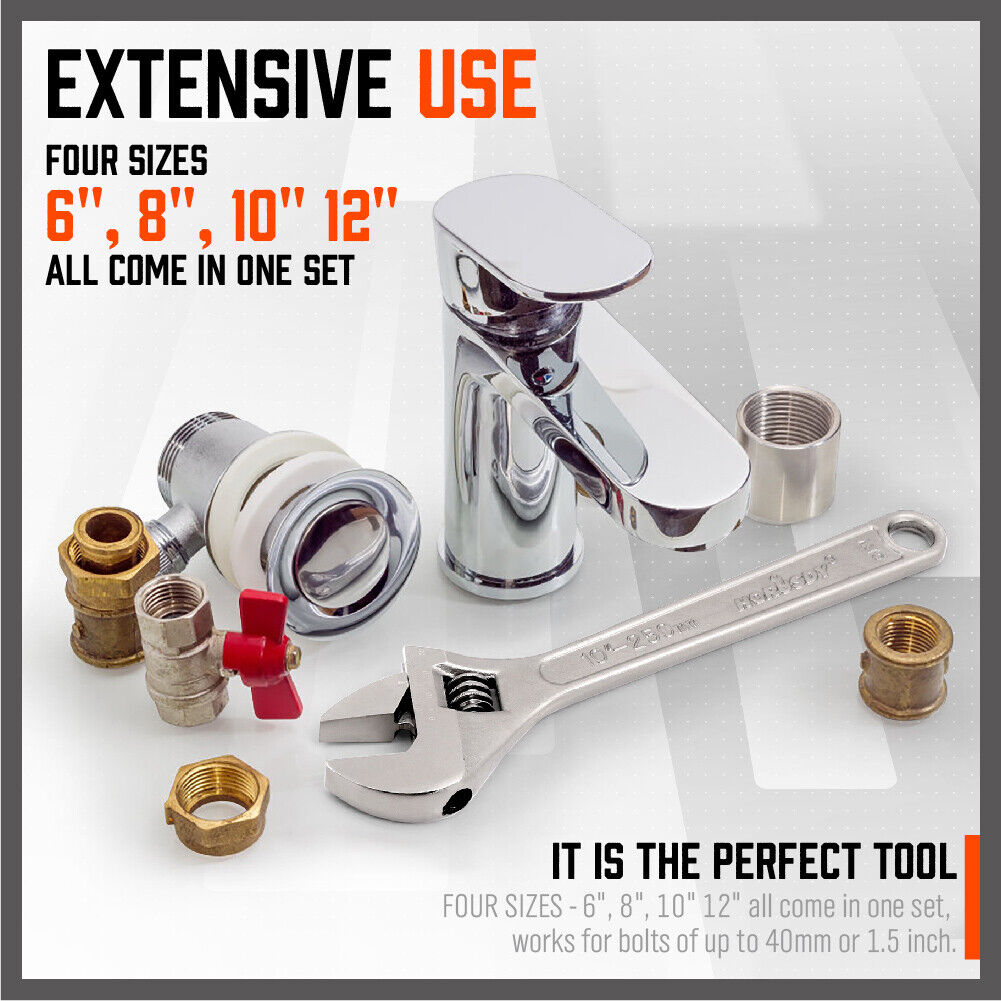 4Pc Adjustable Wrench Set Heavy Duty Shifter Spanner Wide Open Jaw 6/8/10/12