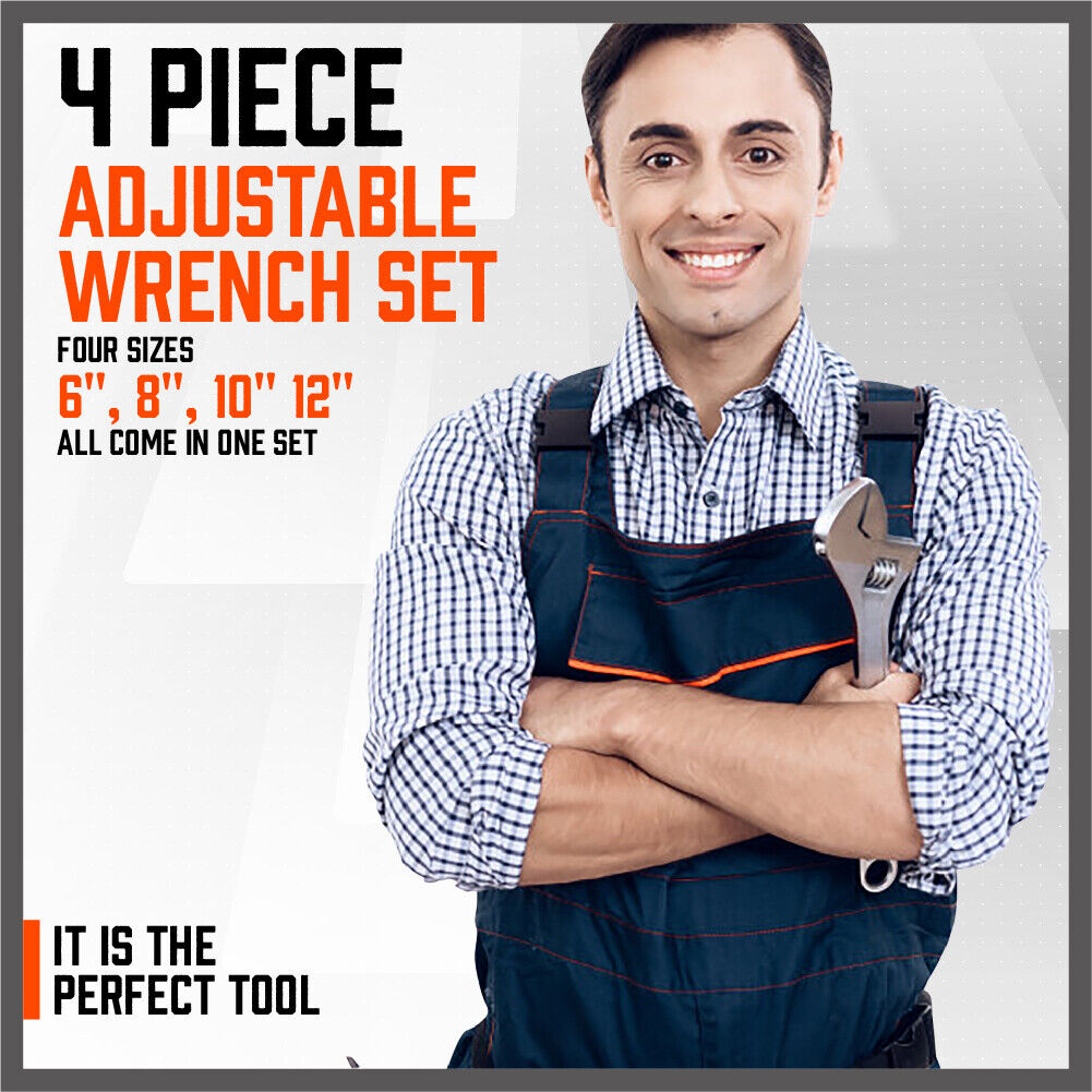 4Pc Adjustable Wrench Set Heavy Duty Shifter Spanner Wide Open Jaw 6/8/10/12
