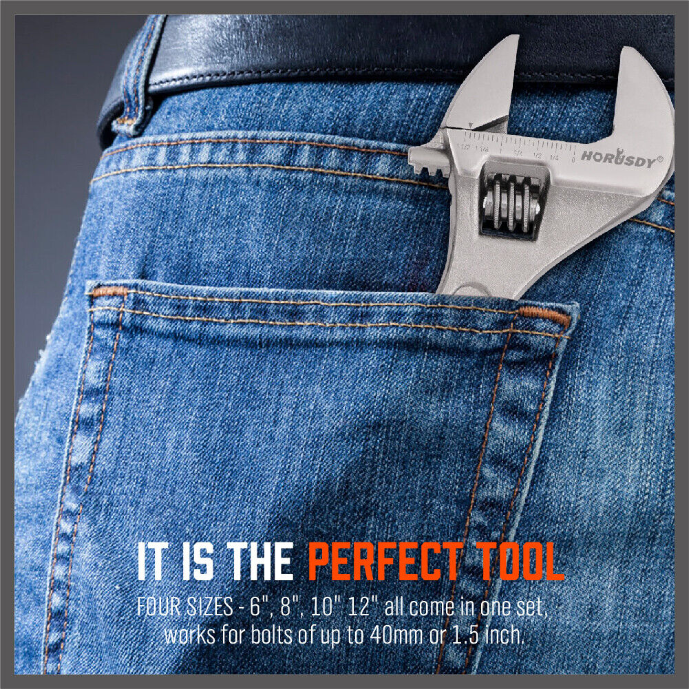 4Pc Adjustable Wrench Set Heavy Duty Shifter Spanner Wide Open Jaw 6/8/10/12