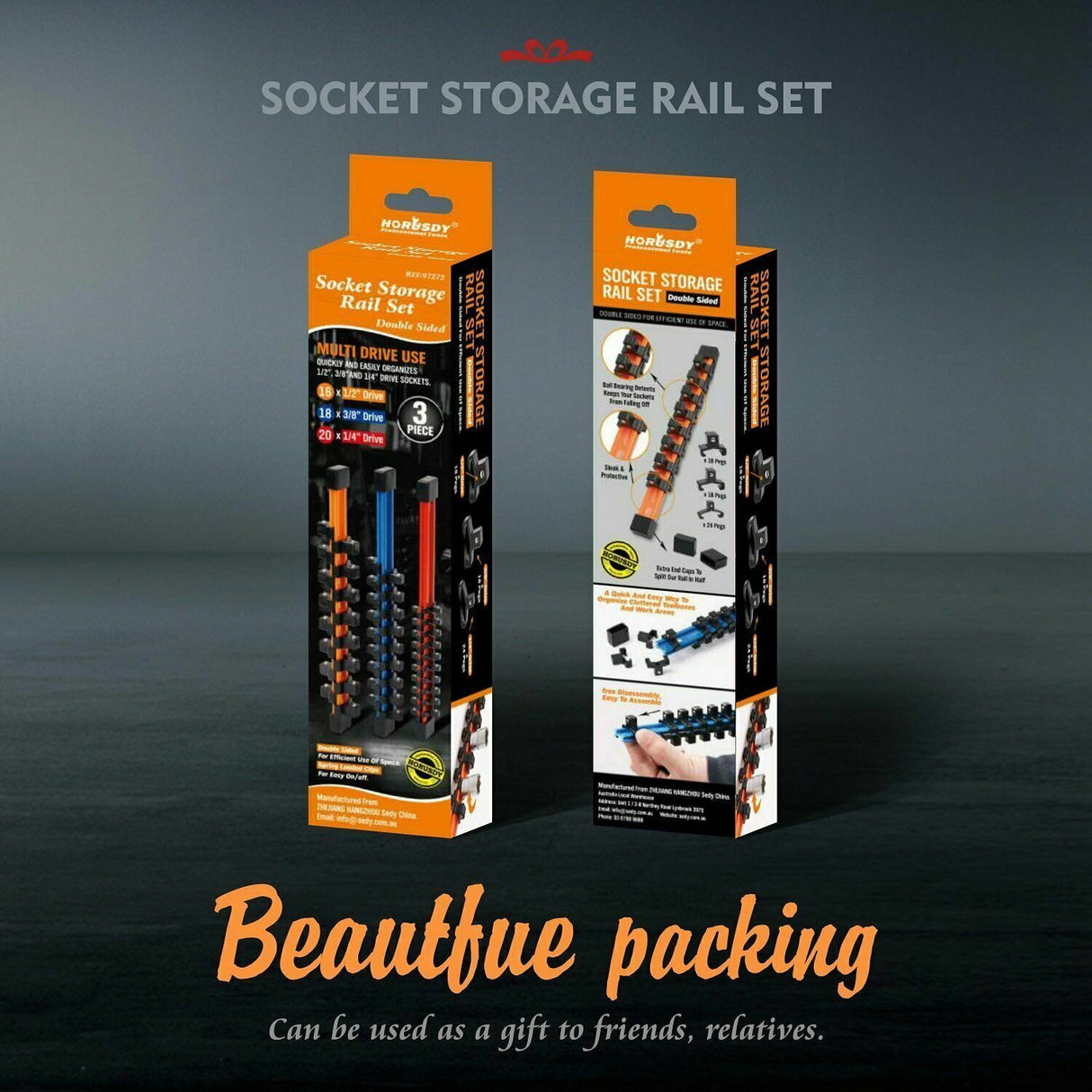 3Pc Double-Side Sockets Holder Tool Organizer Rails WorkShop Rack 1/4 3/8 1/2