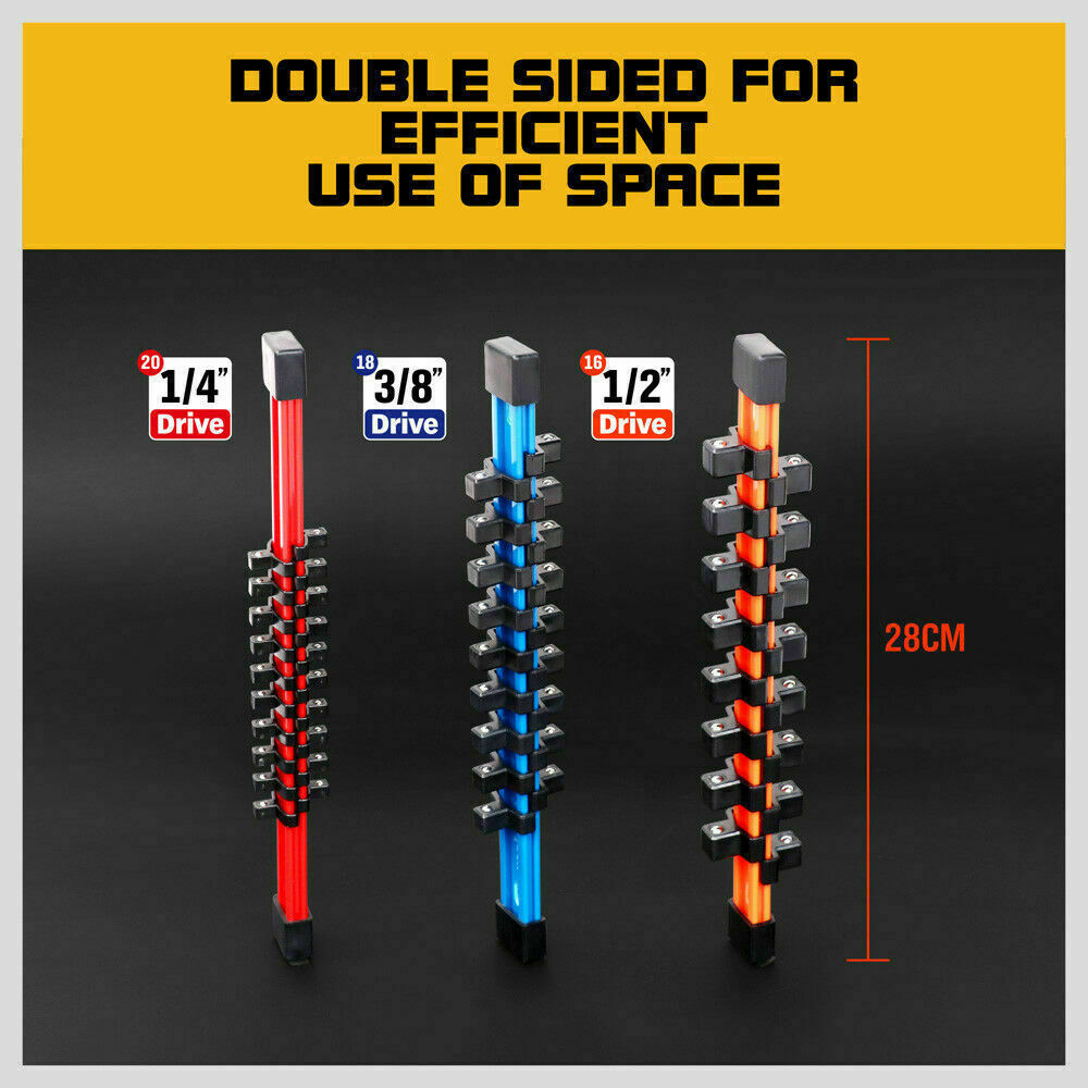 3Pc Double-Side Sockets Holder Tool Organizer Rails WorkShop Rack 1/4 3/8 1/2