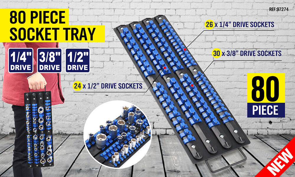80 Socket Storage Rail Mixed Organizer Rack Holder Ball Locking 1/4 3/8 1/2