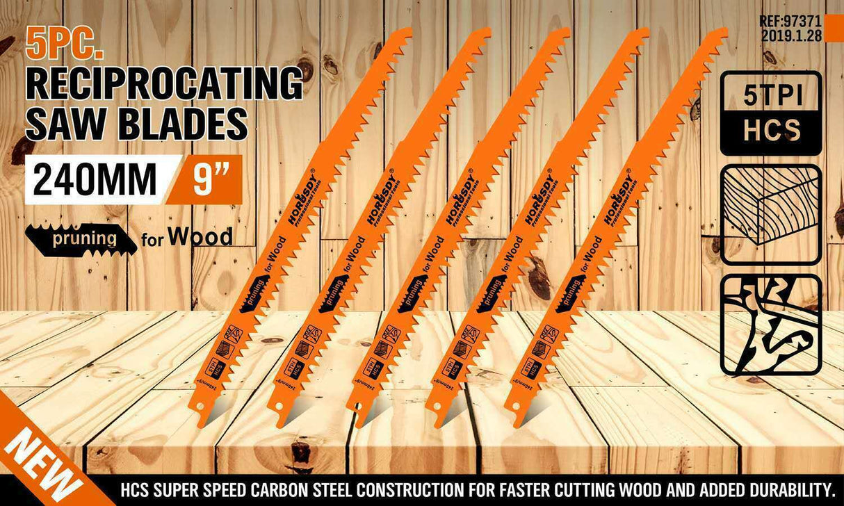 5Pc 9 / 240mm Reciprocating Saw Blades 5TPI Wood Timber Pruning Tool W/T Case