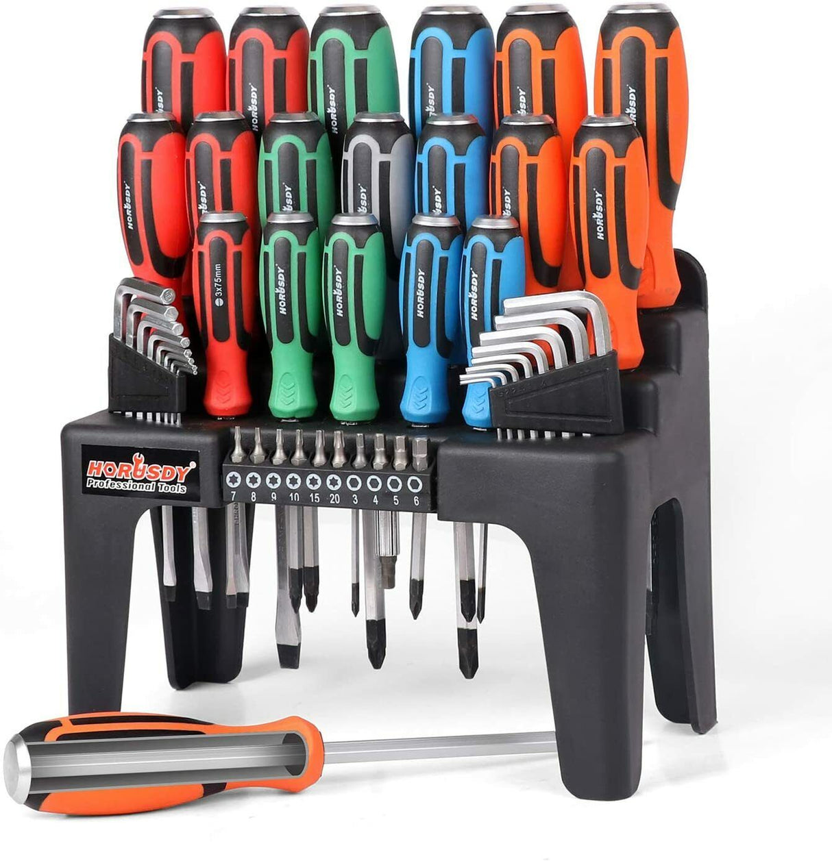 44-Piece Impact Screwdriver Set with Magnetic Bits, High Torque Hex Keys and Rack with Color Grip
