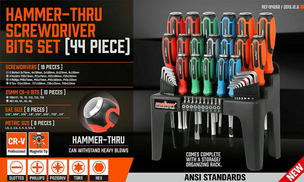 44-Piece Impact Screwdriver Set with Magnetic Bits, High Torque Hex Keys and Rack with Color Grip