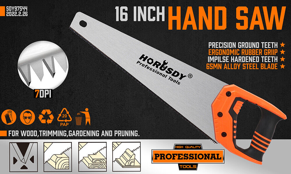 16 Hand Saw Sharp Cut Wood Plastic Cutting Heavy Duty Crosscut Saw 505mm Long