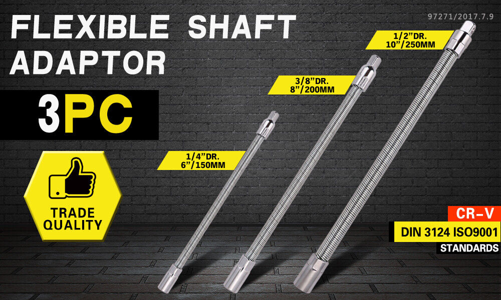 3PC Flexible Socket Extension Bars Shaft Set 1/2 1/4 3/8 Drive 10 8 6 Long
