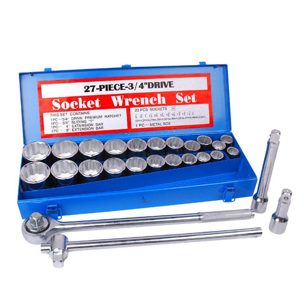 27Pc Heavy Duty Socket Wrench Set 3/4 Drive Metric & Imperial Extension Case