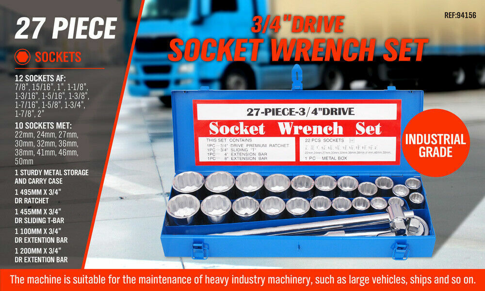 27Pc Heavy Duty Socket Wrench Set 3/4 Drive Metric & Imperial Extension Case