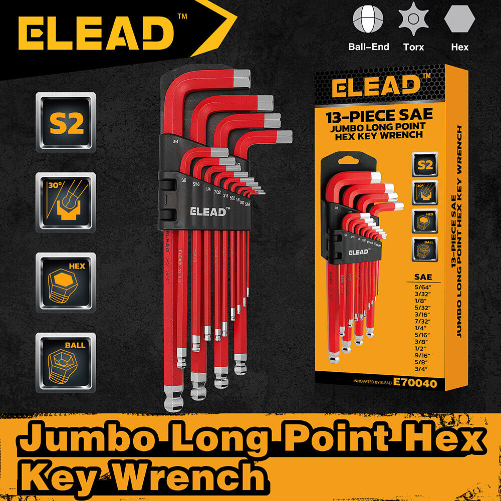 ELEAD 13Pc Extra Large Hex Key Set Long Allen Key Wrench Ball End SAE 5/64-3/4
