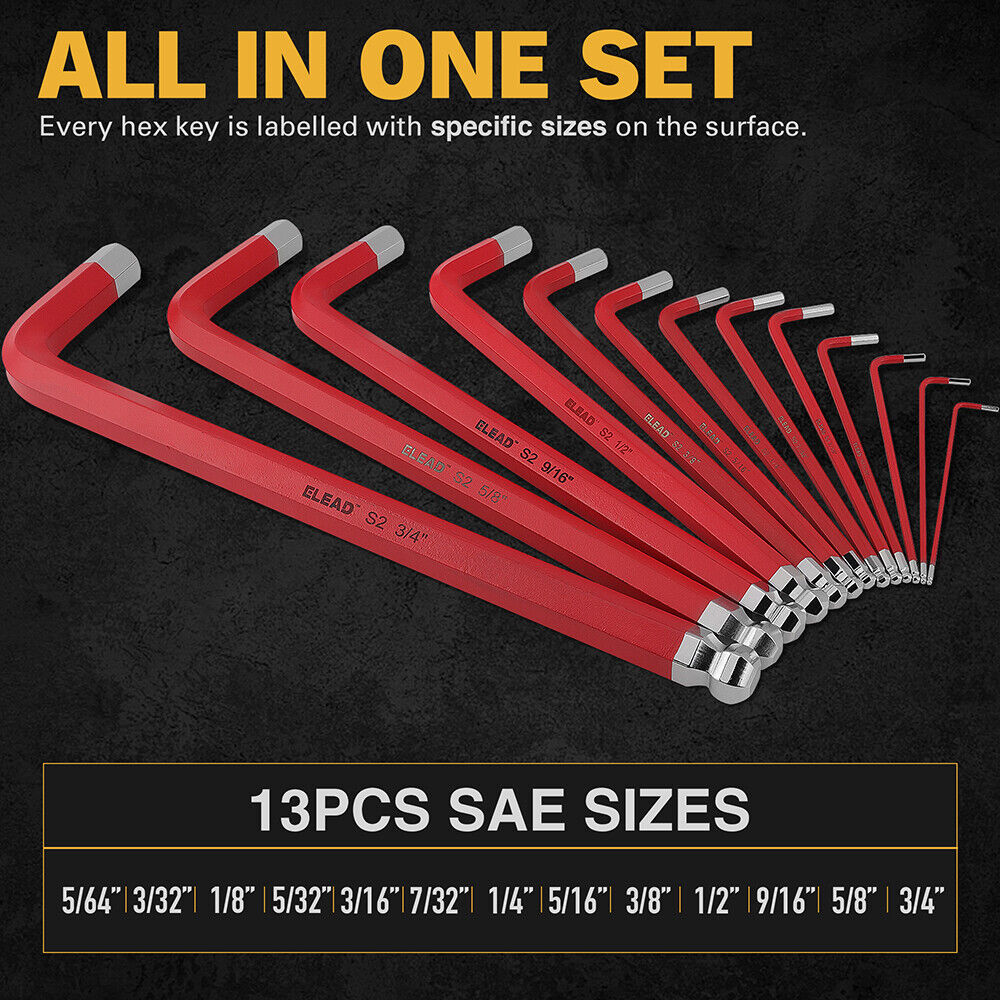 ELEAD 13Pc Extra Large Hex Key Set Long Allen Key Wrench Ball End SAE 5/64-3/4