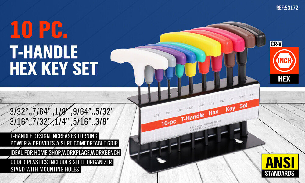 10-Piece T-Handle Hex Key Set, Allen Wrench SAE/Imperial Sizes 3/32-3/8, Heat-Treated Steel with Color-Code Organizer Stand