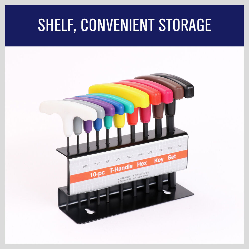 10-Piece T-Handle Hex Key Set, Allen Wrench SAE/Imperial Sizes 3/32-3/8, Heat-Treated Steel with Color-Code Organizer Stand