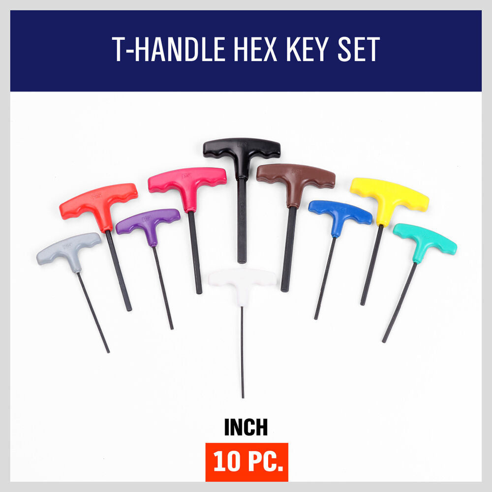 10-Piece T-Handle Hex Key Set, Allen Wrench SAE/Imperial Sizes 3/32-3/8, Heat-Treated Steel with Color-Code Organizer Stand