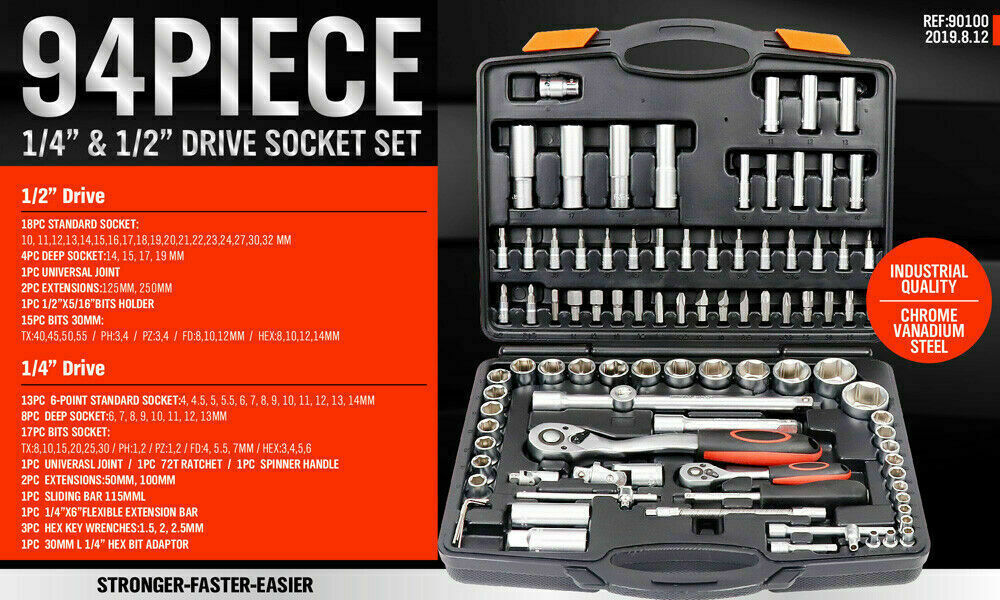 94Pc Socket Ratchet Wrench Set Screwdriver Bits Extension Torx Hex 1/4 1/2 Dr.