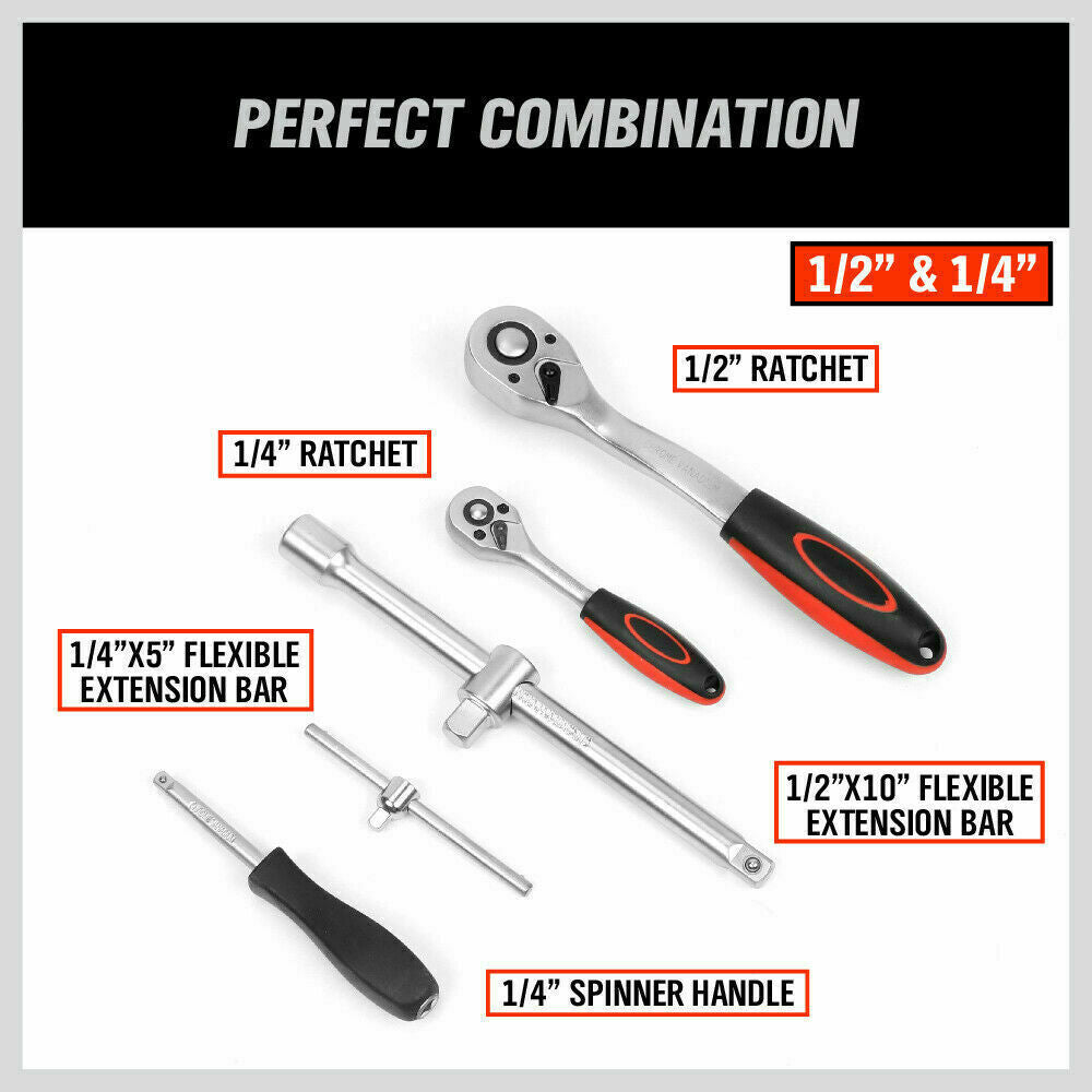 94Pc Socket Ratchet Wrench Set Screwdriver Bits Extension Torx Hex 1/4 1/2 Dr.