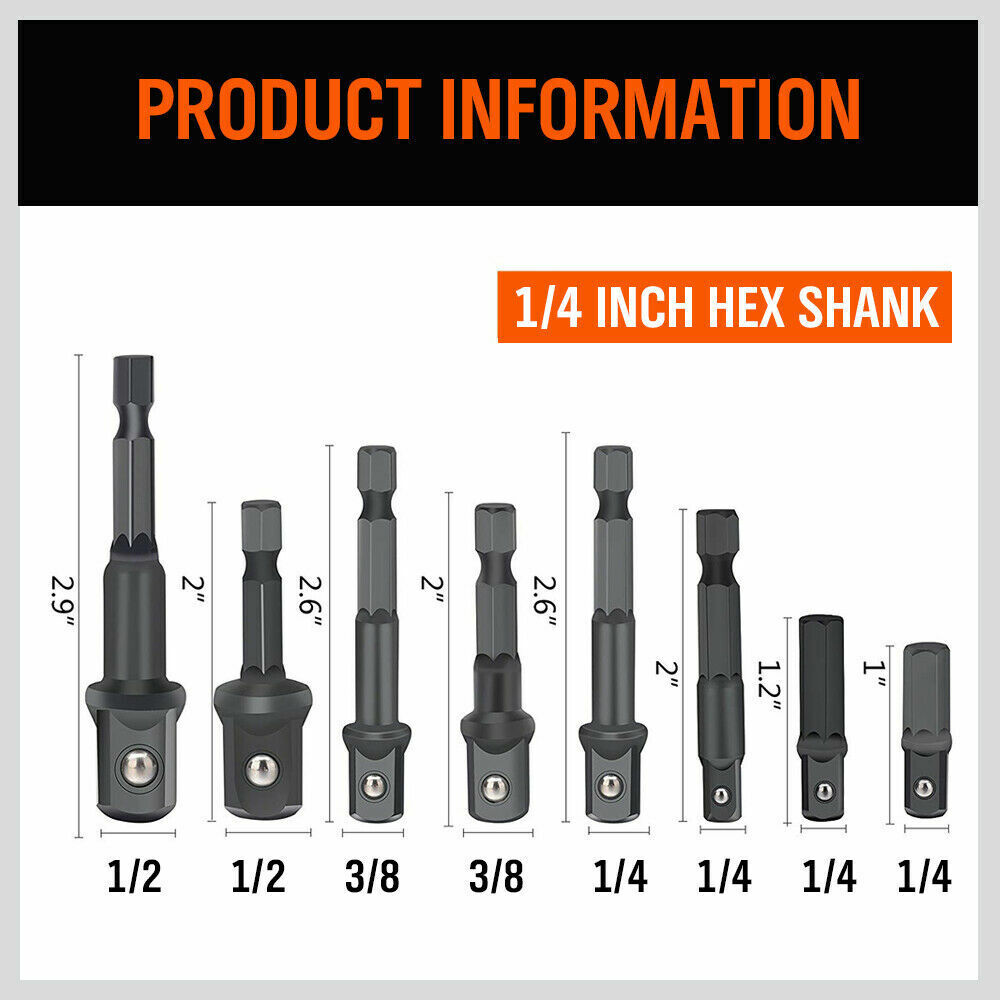 8Pc Drill Socket Adapter Set Impact Nut Driver Hex Extension Bits 1/4 3/8 1/2