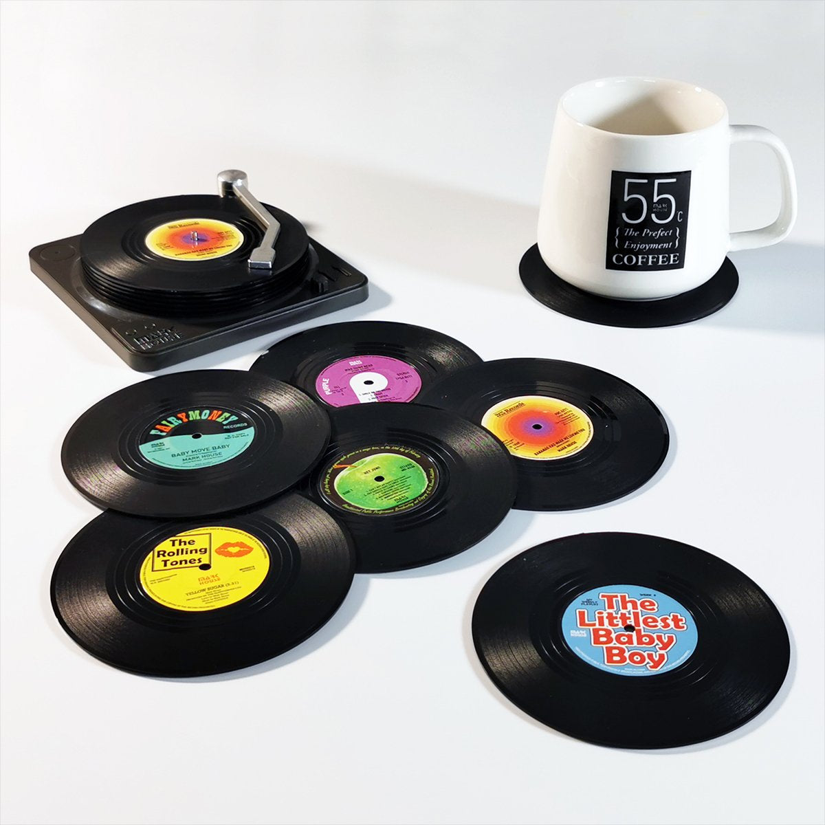 6x Creative Vinyl Record Cup Coasters w Holder Glass Drink Tableware Home D?cor, A w/ Record Player Holder