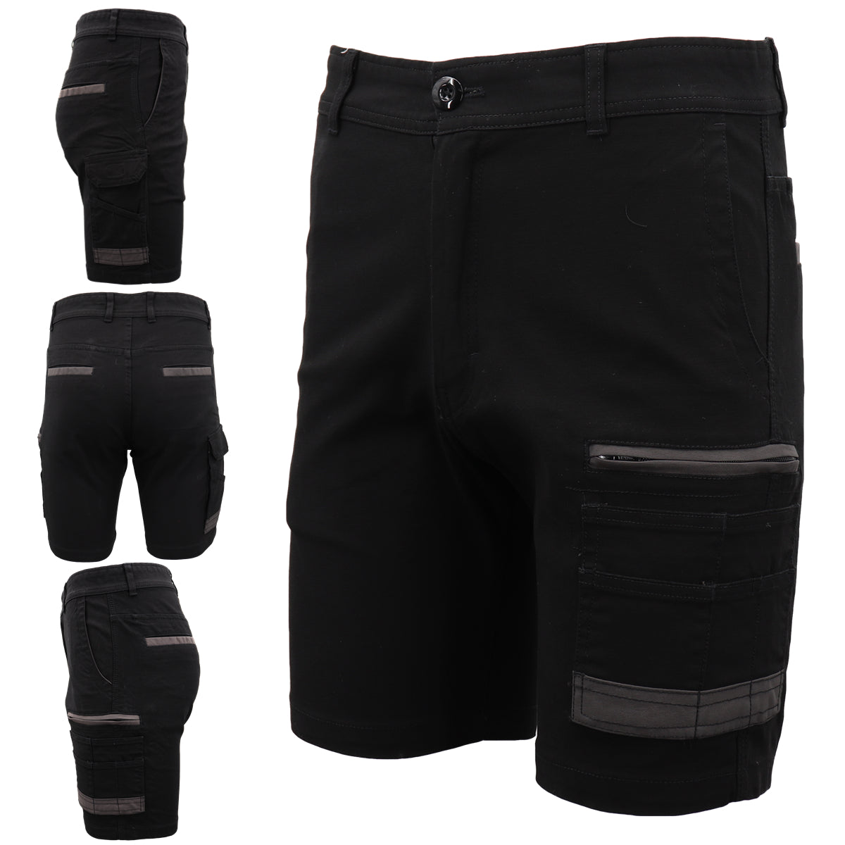 Mens Cargo Cotton Drill Work Shorts UPF 50+ 13 Pockets Tradies Workwear Trousers, Black, 34
