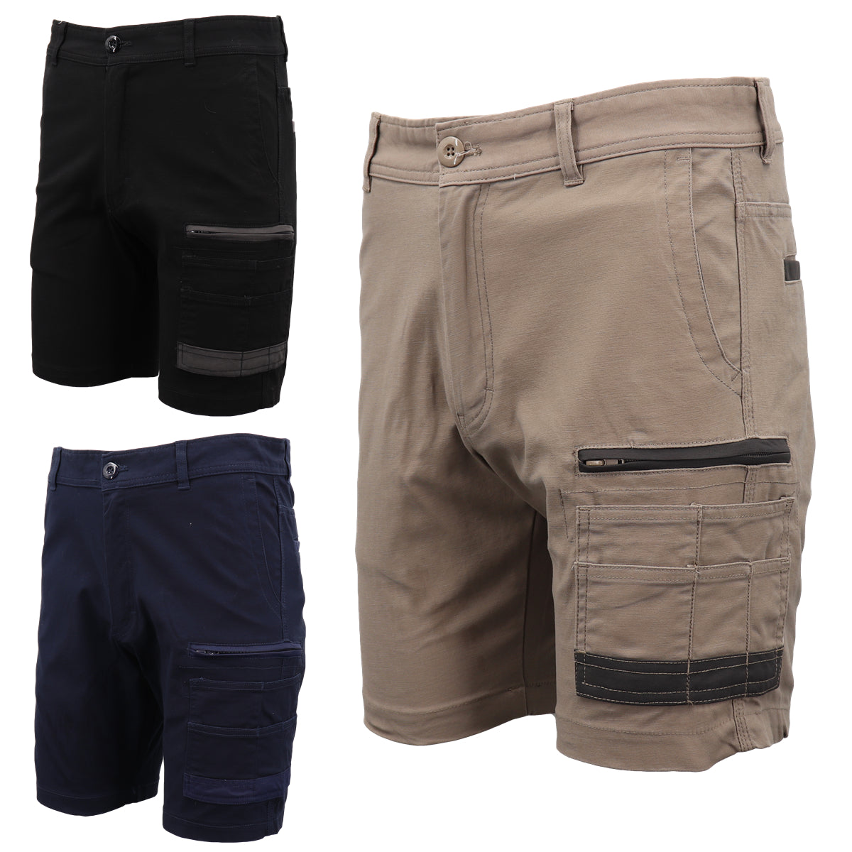 Mens Cargo Cotton Drill Work Shorts UPF 50+ 13 Pockets Tradies Workwear Trousers, Black, 34
